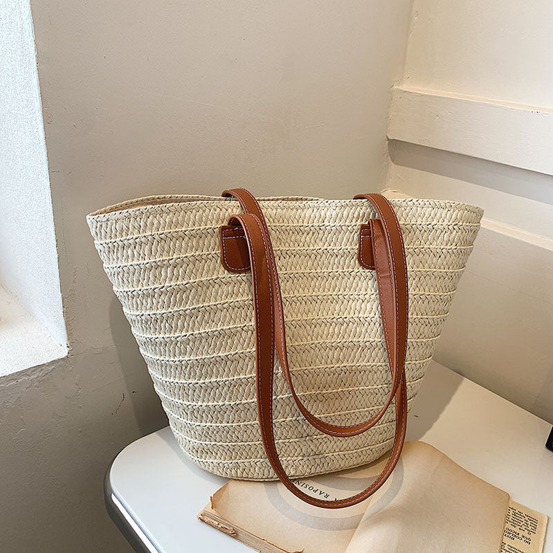 Women Braided Basket Clutches Top-handle Bag Large Straw Portable Shoulder Bag Summer Beach Party Purses Shopper Satchel Female Beige 45cm 16cm 29cm