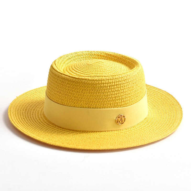 New Summer Straw Sun Hats for Women Ladies Fashion Flat Brim Ribbon Beach Hat Travel Dress Cap chapeau femme Yellow 56-58CM