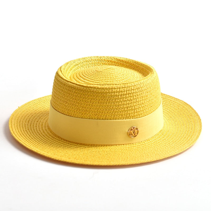 New Summer Straw Sun Hats for Women Ladies Fashion Flat Brim Ribbon Beach Hat Travel Dress Cap chapeau femme Yellow 56-58CM