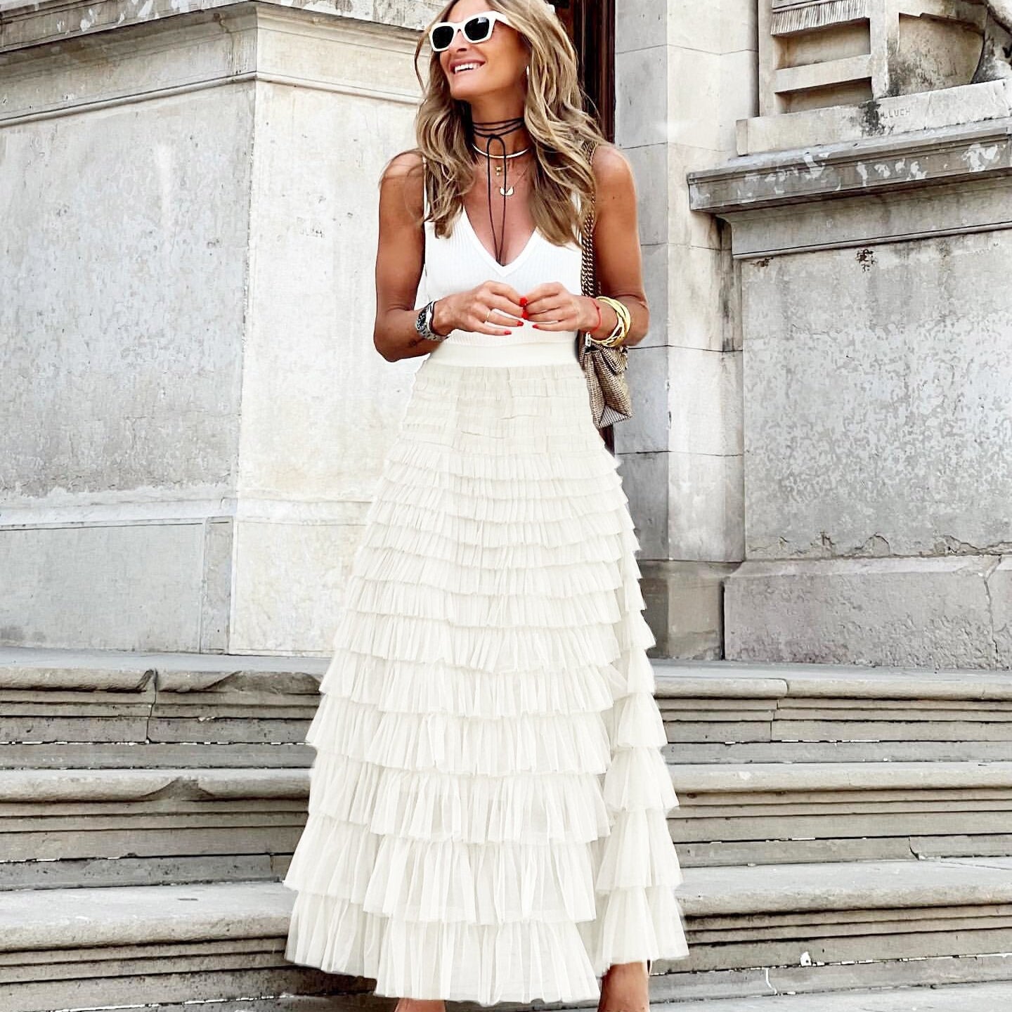 Summer Long Skirt Layered Ruffles Design Elegant Maxi Dress Office Women Commuting Party Attire Autumn Elegant Skirt Short white