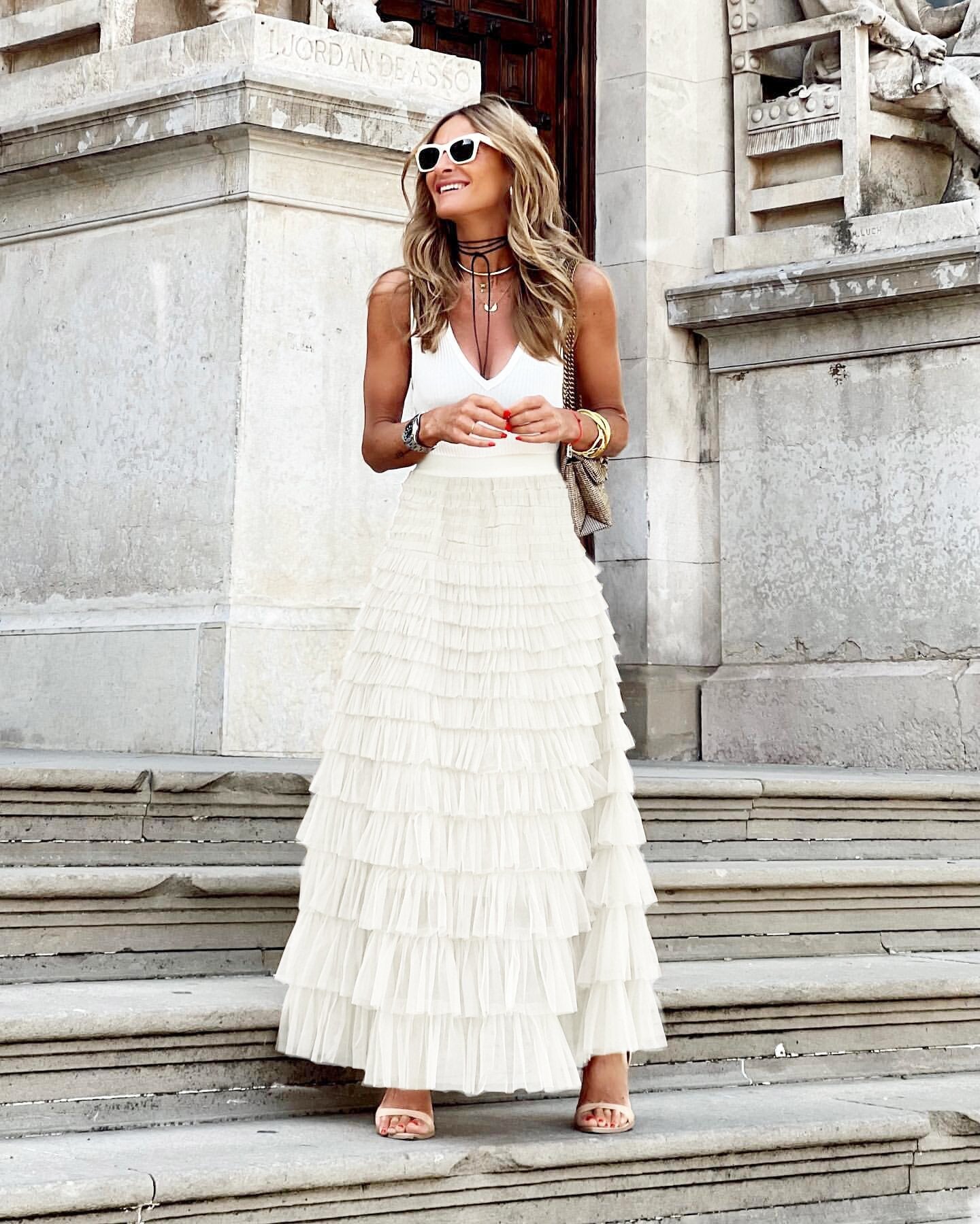 Summer Long Skirt Layered Ruffles Design Elegant Maxi Dress Office Women Commuting Party Attire Autumn Elegant Skirt Short white