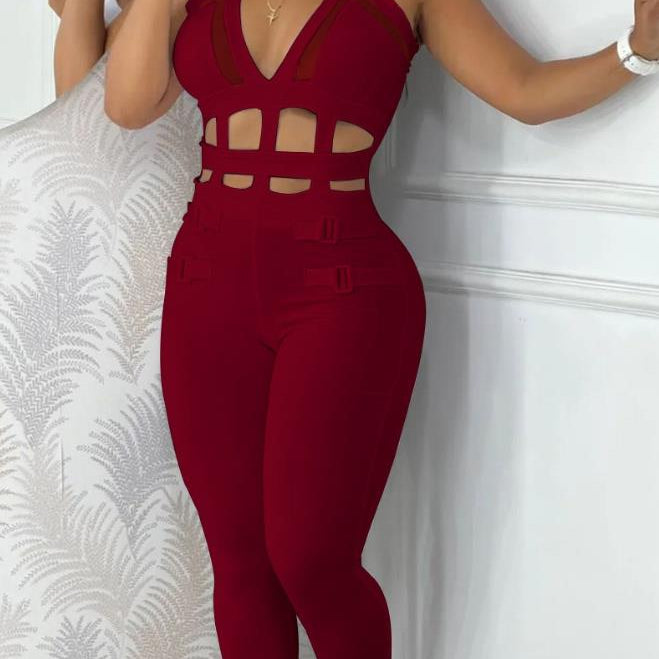 Sexy Night Out Jumpsuit for Women Summer New Sleeveless Plunge Hollow Out Halter Buckled Contrast Mesh Lady Skinny Jumpsuit C