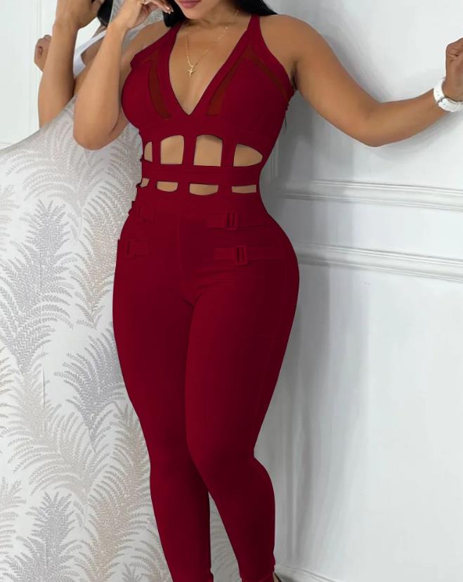 Sexy Night Out Jumpsuit for Women Summer New Sleeveless Plunge Hollow Out Halter Buckled Contrast Mesh Lady Skinny Jumpsuit C