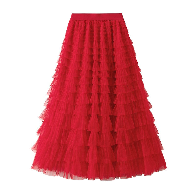 Summer Long Skirt Layered Ruffles Design Elegant Maxi Dress Office Women Commuting Party Attire Autumn Elegant Skirt Long Red