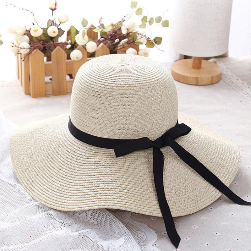 Simple Foldable Wide Brim Floppy Girls Straw Hat Sun Hat Beach Women Summer Hat UV Protect Travel Cap Lady Cap Female