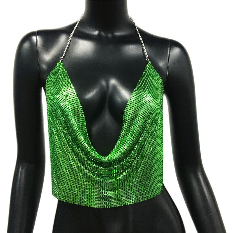 Women Sexy Metal Sequined Tank Camis Summer Gold Silver Backless Cropped Glitter Beach Club Show Wear Tank Tops Green 25 cm One Size