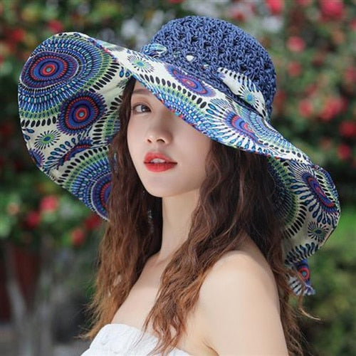 seaside hat summer beach hat female visor hat fashion fisherman&#39;s hat sunscreen sun hat anti-UV straw hats for women navy One size 56-58cm