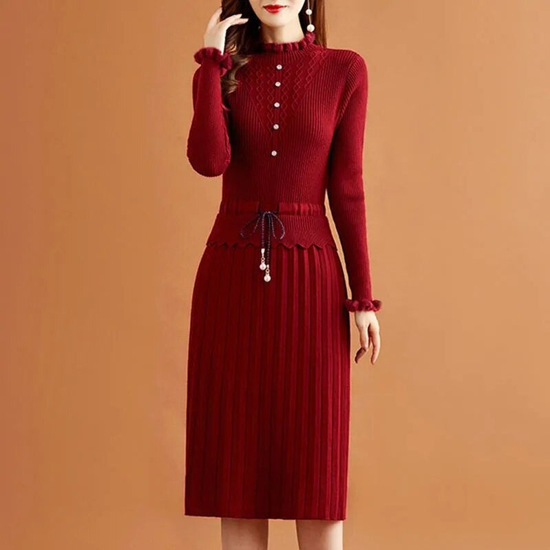 Casual Fake Two Pieces Pleated Knitted Dress Women Vintage Long Sleeve Bottoming Sweater Dresses Fall Elegant Slim Midi Vestidos Red