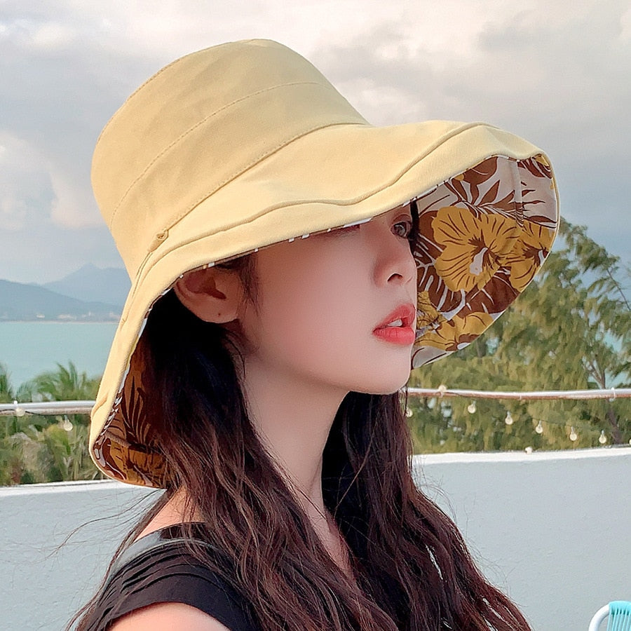 Spring Summer Print Reversible Sun Beach Hat Woman Girl Outdoor Travel Vacation Fisherman Cap Wide Brim 12.5cm Visor Hat C Yellow Head Girth 56-58cm