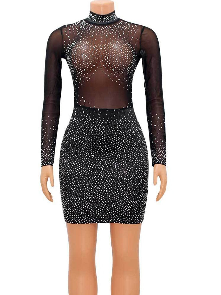Sexy Mesh Crystal Patchwork Sheer Mini Dress New Elegant Women Long Sleeve Bodycon Dress Night Clubwear Outfits Black