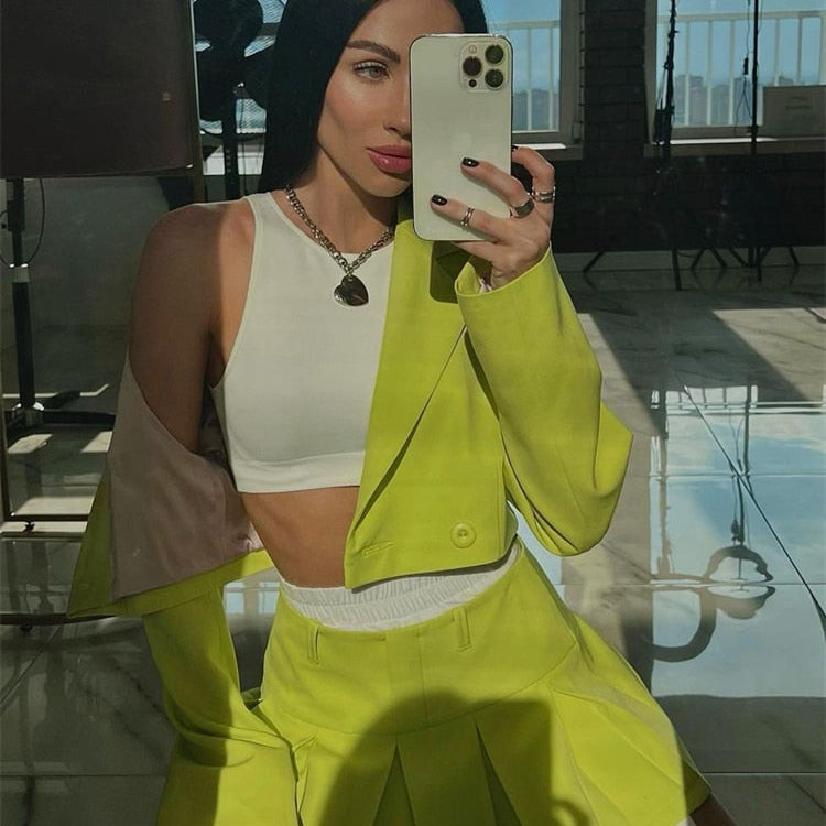 Casual Two Piece Sets Women's Fall Outfits New Black Matching Sets With Skirt And Blazer Cropped Top Suit For Women