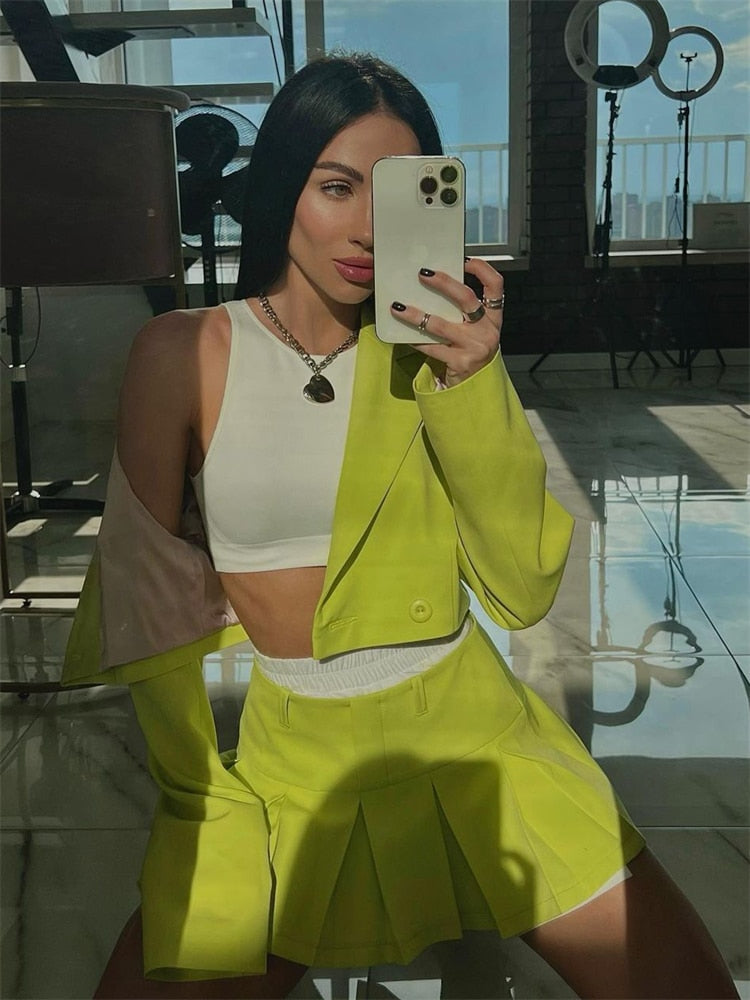 Casual Two Piece Sets Women's Fall Outfits New Black Matching Sets With Skirt And Blazer Cropped Top Suit For Women