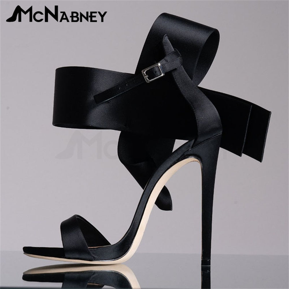 Satin Butterfly Knot High Heels Stiletto Pointed Toe Sandals Luxury Style Shoes Fashion High Heels Shiny Rhinestone Sandals Sale Satin-Black