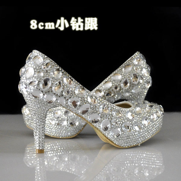 Women Rhinestones Pumps Shoes Super Flash Crystal Chaton Wedding Shoes White Bride Shoes Show Diamond High-heeled Shoes 8CM 1