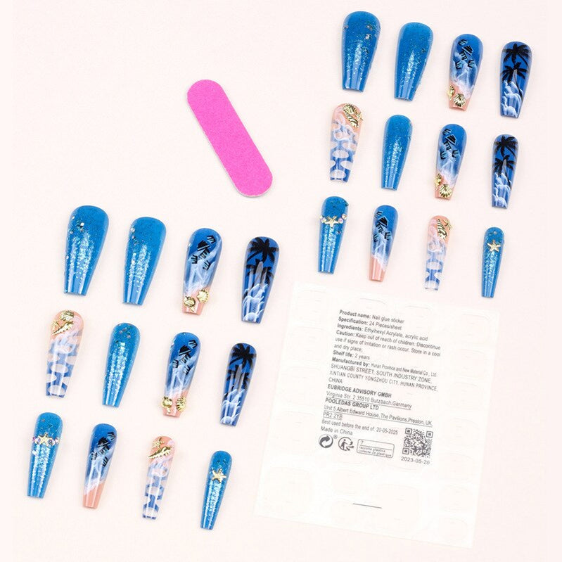 3D strobe fake nails accessories Hand painted beach wearing long french coffin tips with shells diamond press on false nail set