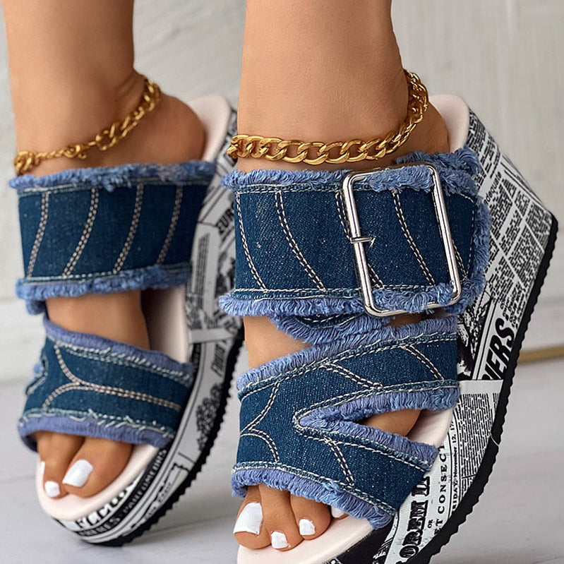 Women Shoes Casual Fashion Vacation Daily Wear Summer Newspaper Buckled Denim Wedge Slippers Sandals