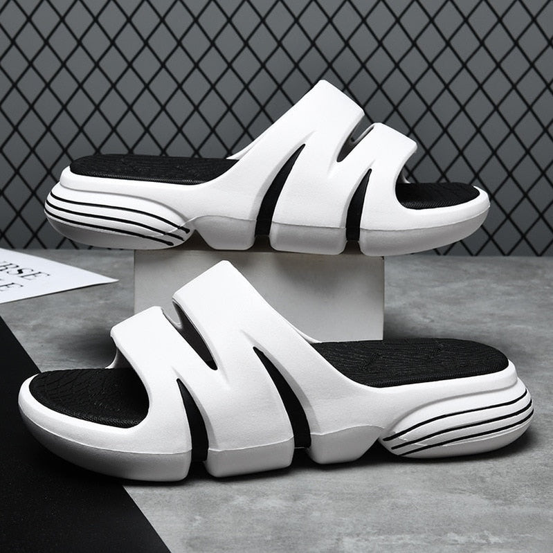 JOYWILL Summer Men&#39;s Slippers EVA Soft Bottom Non-slip Slippers Fashion Lightweight Outdoor Beach Flip Flops Shoes For Men White-Black-A Spain