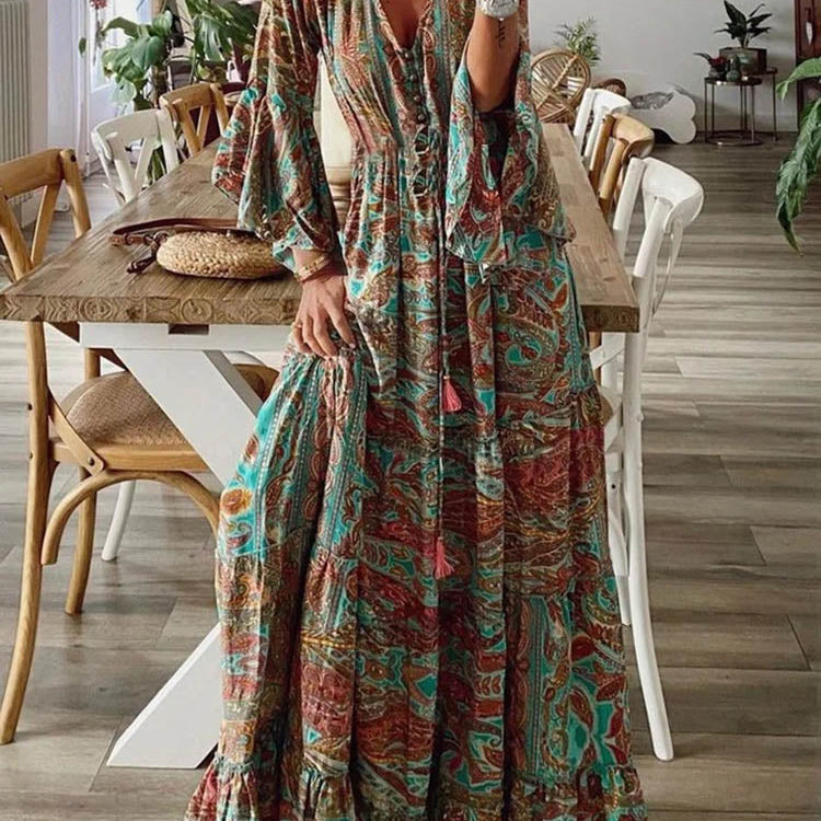 Women Vintage Print Long Dress 2023 Summer Sexy V Neck Short Sleeve A-line Dress Female Elegant Elastic Waist Maxi Dresess Robe EA08432-Orange