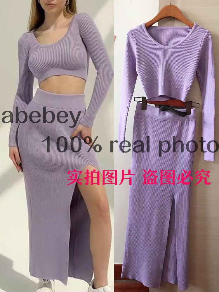 Knitted Winter Women Sexy Sweater Skirt Suit Y2K Fashion Long Sleeve Crop Tops And Long Split Skirt Dress Two Piece Sets Light Purple