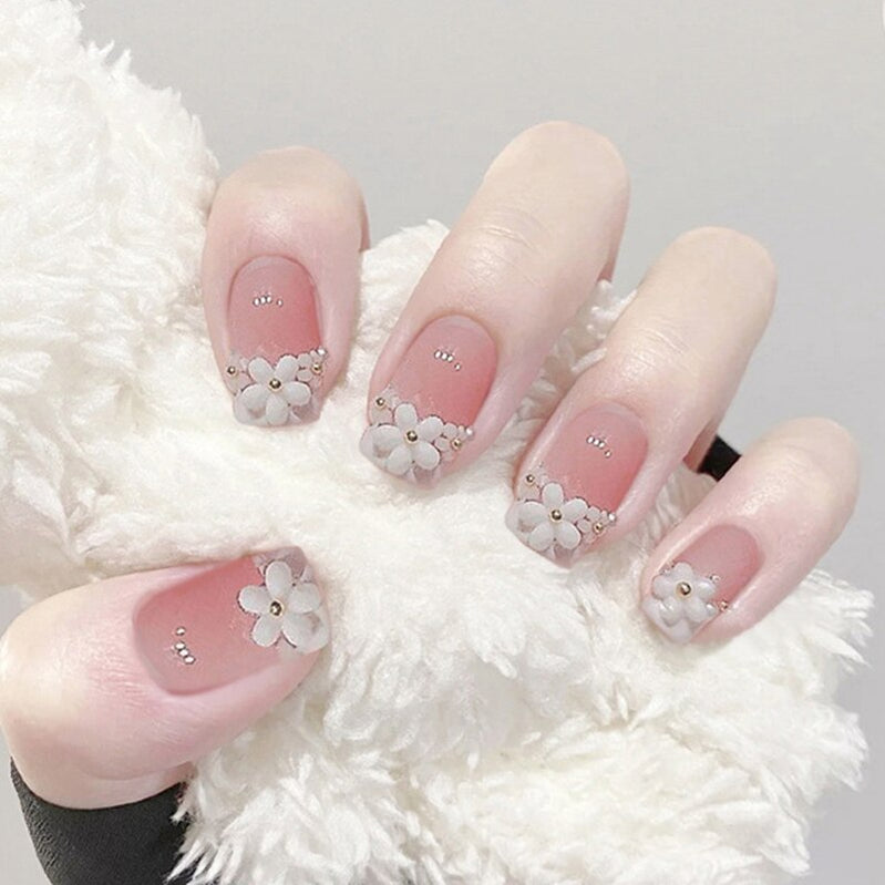 24pcs False Nails Floral Beads Decorated Artificial Nail Tips Bride Reusable Fingernails Fake Nail Press On Nail накладные ногти 44