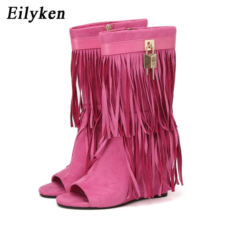 Eilyken Designer Fringe Wedges Boot Sandals Woman High Heels Open Toe Party Prom Shoes Sexy Zipper Female Pumps Rose red