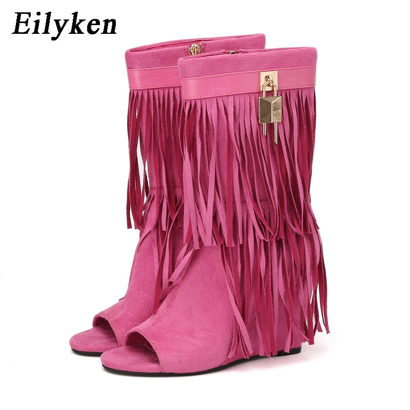 Eilyken Designer Fringe Wedges Boot Sandals Woman High Heels Open Toe Party Prom Shoes Sexy Zipper Female Pumps Rose red