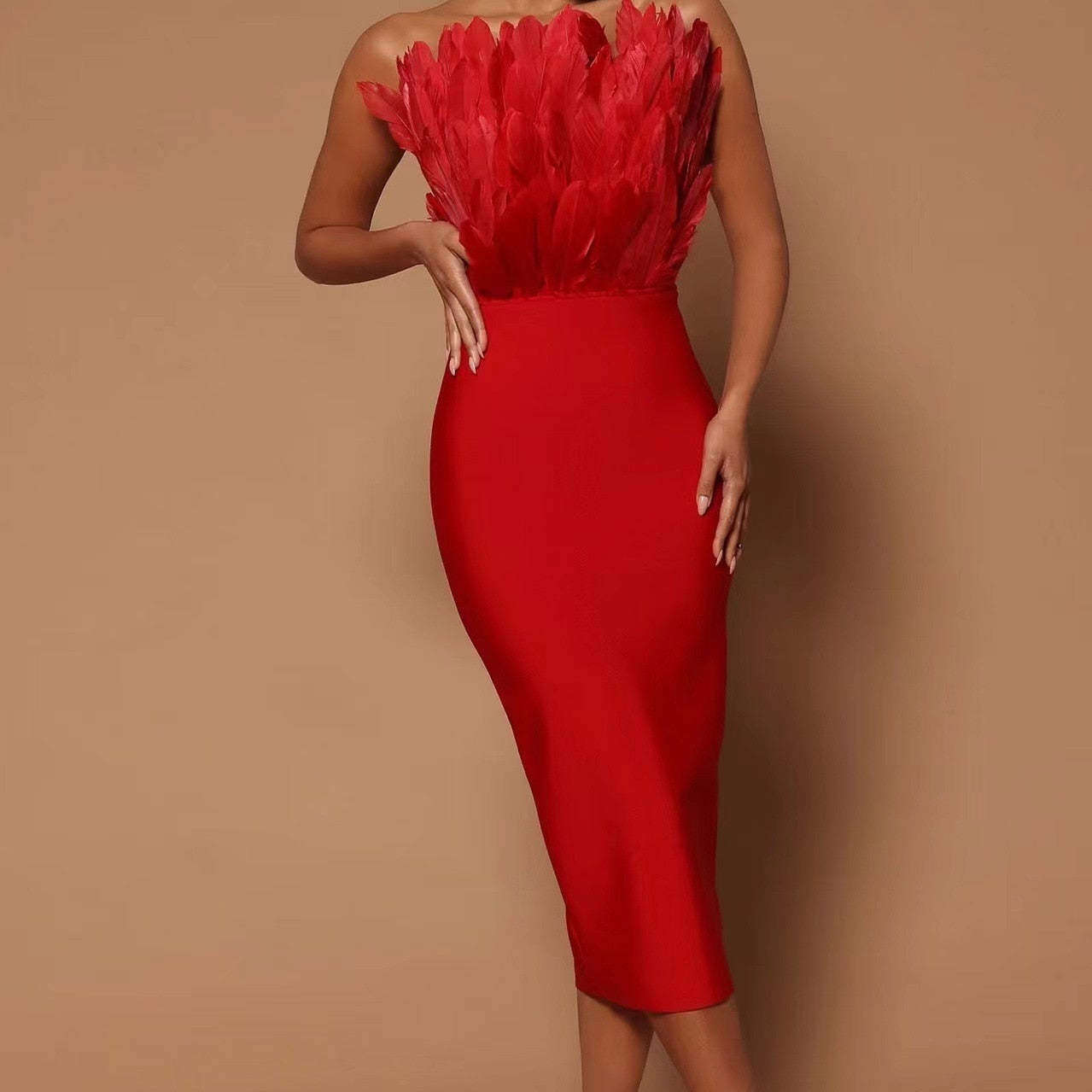 Sexy Feather Bandage Dress Vestidos Para Mujer Wedding Birthday Party Night Cocktail Club Dresses Red