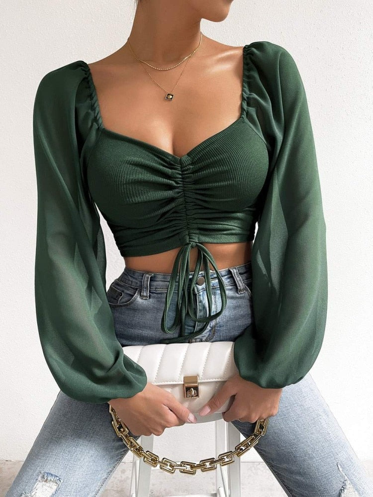 Sexy V-neck Women T Shirt Casual Drawstring Crop Tops Tee Ladies Blusas Summer Short Tshirt Woman Clothes Long Sleeve T Shirt Green
