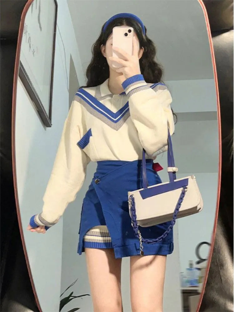 Autumn Fashion Suits Chic Japanese Long Sleeve Y2k Two Piece Dress Set Female Casual Blouse + Blue High Waist Mini Skirts
