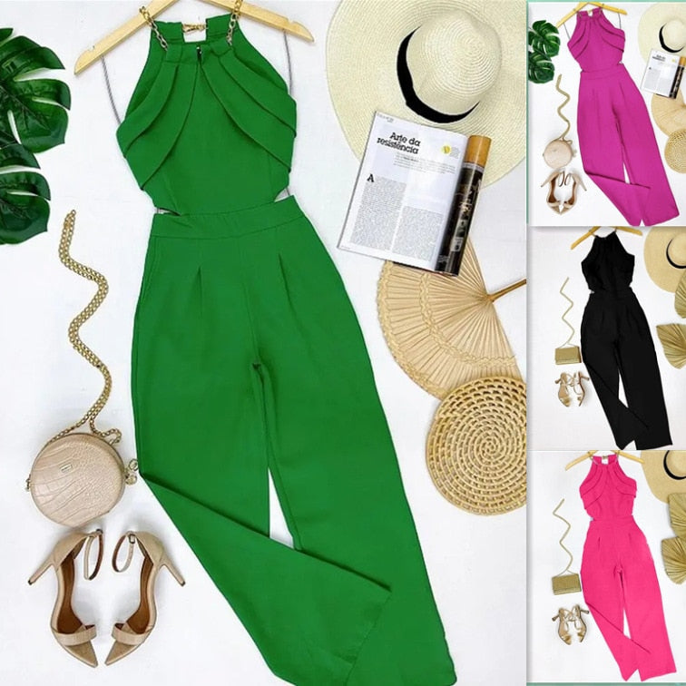 Elegant Europe and America New Solid Fashion Chain Neck Fold Sleeveless Sexy Office Lady Jumpsuit Women Summer OTTD Romper