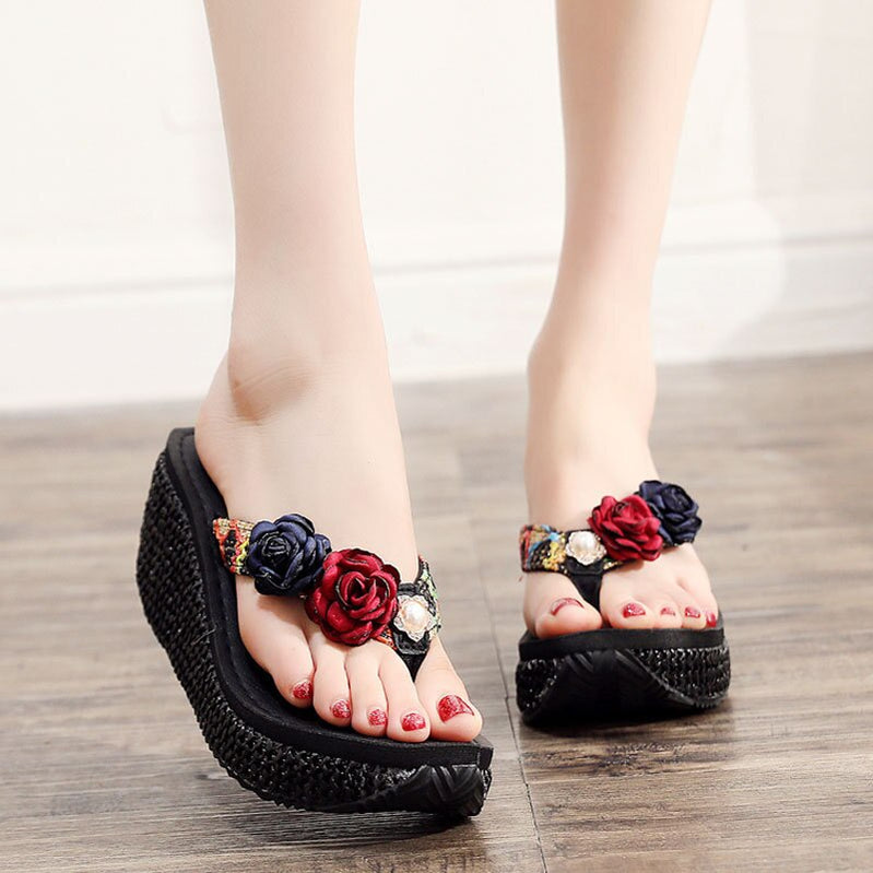7 CM High Heel Women Wedge Non-Slip Outdoor Slipper Summer Beach Shoes Female Floral Flip-Flop Bohemian String Bead Lady Sandals Black