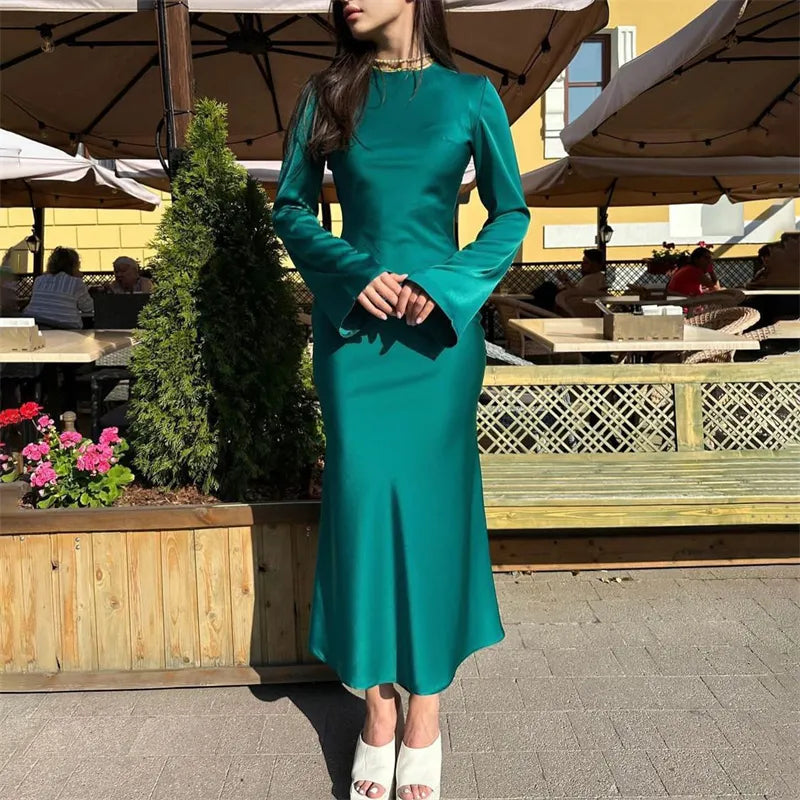 Satin Fashion Slim Maxi Dress For Women Long Sleeve High Waist Elegant Solid Party Dress Casual Luxury Ladies Autumn Dress Dark Green