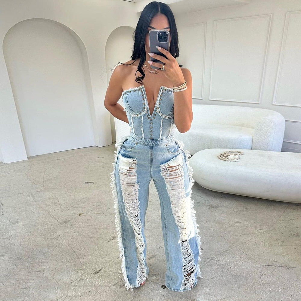 Vintage Hole Tassel Denim Jumpsuit Women New Fashion Sexy Off The Shoulder V Neck Rivet Club Party Romper Y2K One Pieces