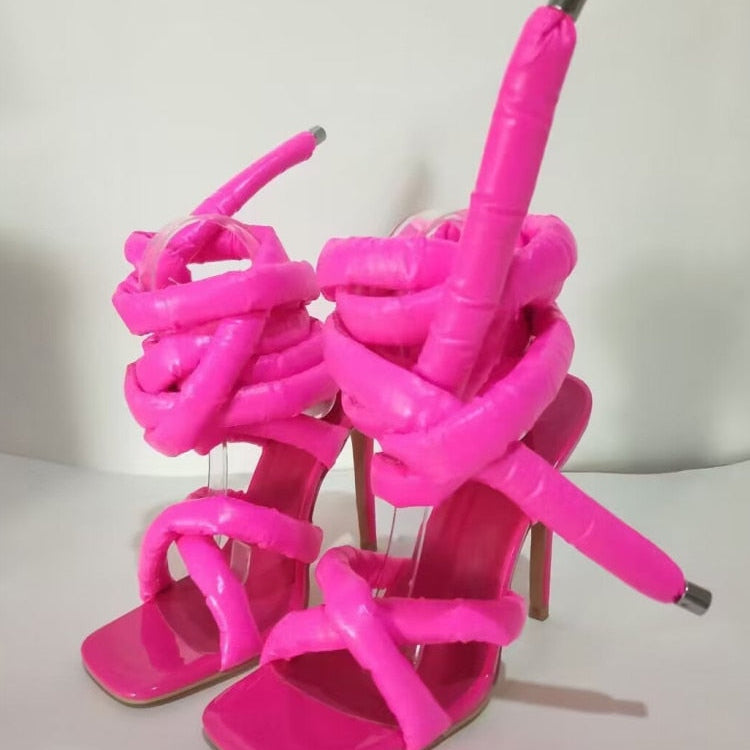 Summer Square Head Slim High Heel Sandals Wrapped Around The Feet Fashion Show Dress 43 Large Women's Sandals rose