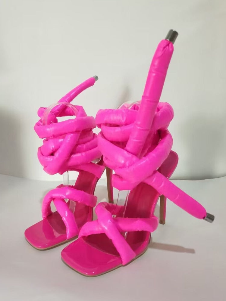 Summer Square Head Slim High Heel Sandals Wrapped Around The Feet Fashion Show Dress 43 Large Women's Sandals rose