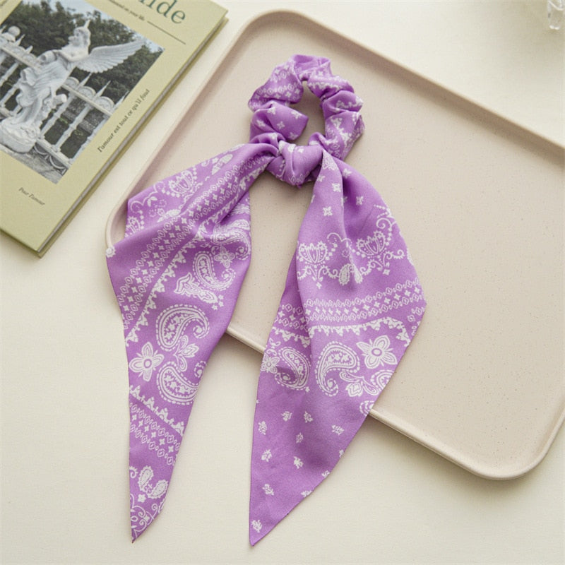 Fashion Print Chiffon Long Ribbon Scrunchies Women Girls Ponytail Scarf Elastic Hair Bands Ties Hair Accessories Wholesale 45