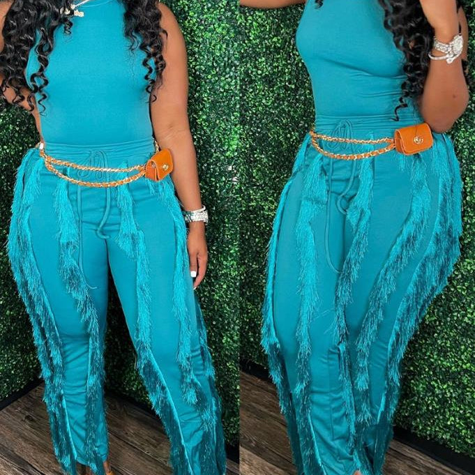 Fashion Solid Romper Casual Tank Top &amp; Tassel Decor Drawstring Pants Set Skinny Tank Jumpsuits Summer Female Outfit Streetwear