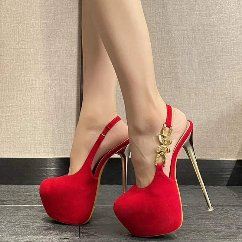 Liyke Elegant Women Wedding Banquet Prom Shoe Fashion Metal Butterfly Chain Back Strap Extreme High Heels Platform Pumps Size 42