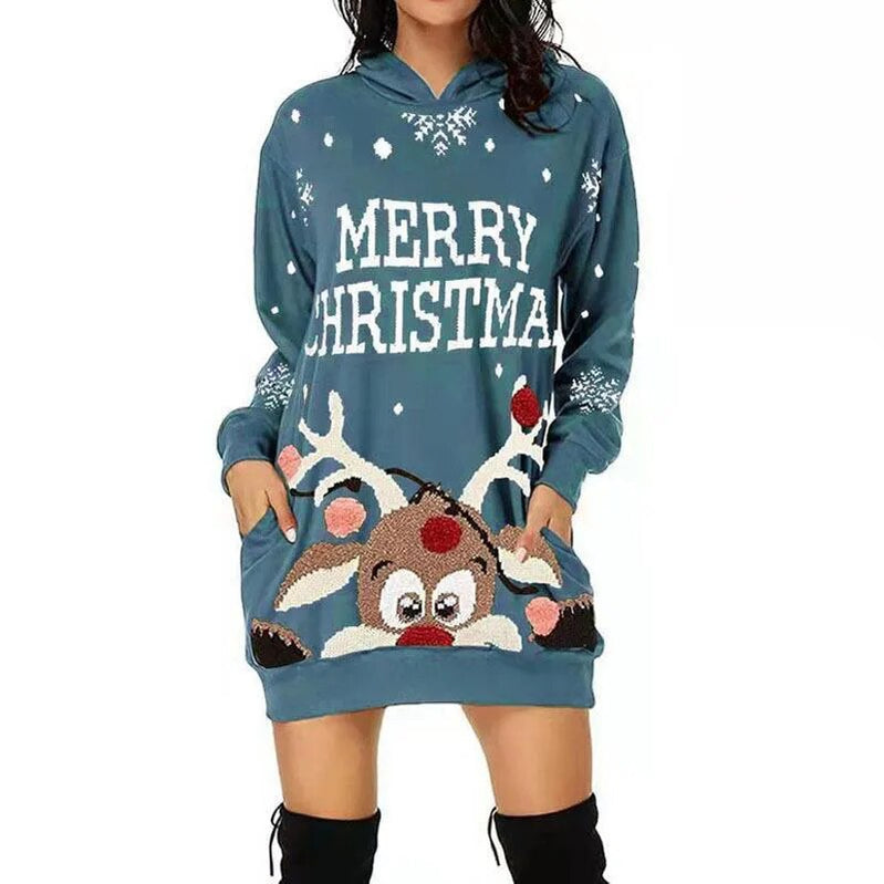 Christmas Elk Snowflake Printed Sweatshirts Party Dress Women Fashion Dresses Sweatshirts Long Sleeve Hoodies Dress Casual Tops WW00062