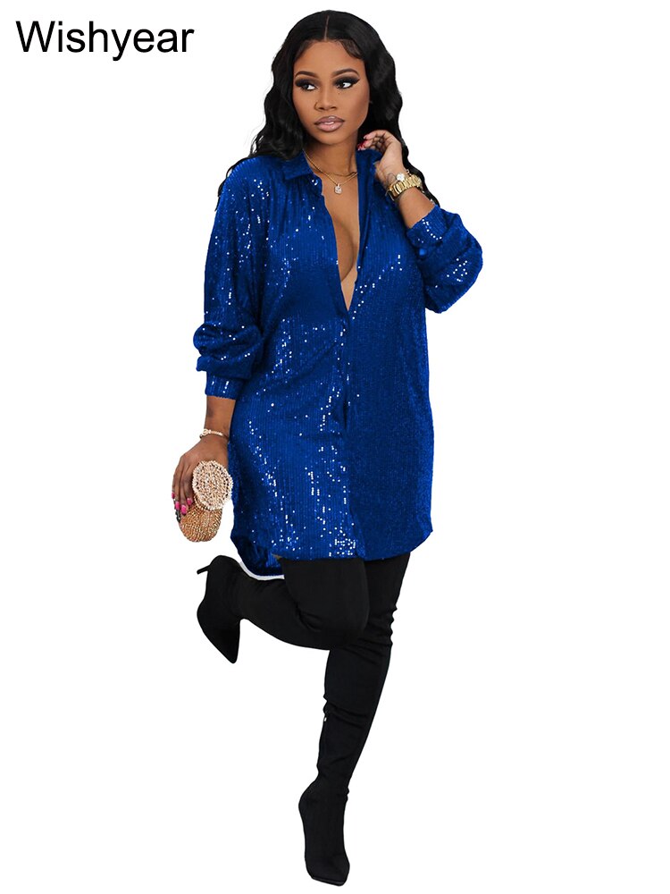 Elegant Evening Party Short Shirt Dress for Women Outfit Luxury Sequin Long Sleeve Spring Fall Birthday Club Dresses Vestidos Blue