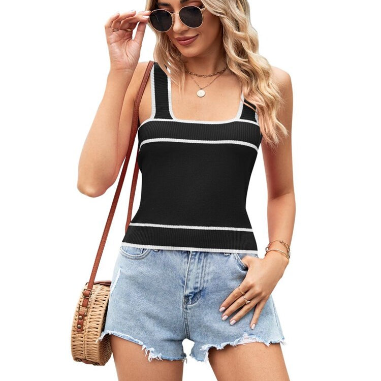 Women's 2023 Summer New Contrast Color Foreign Trade Knitted Sweater Short Style Crop Vest black