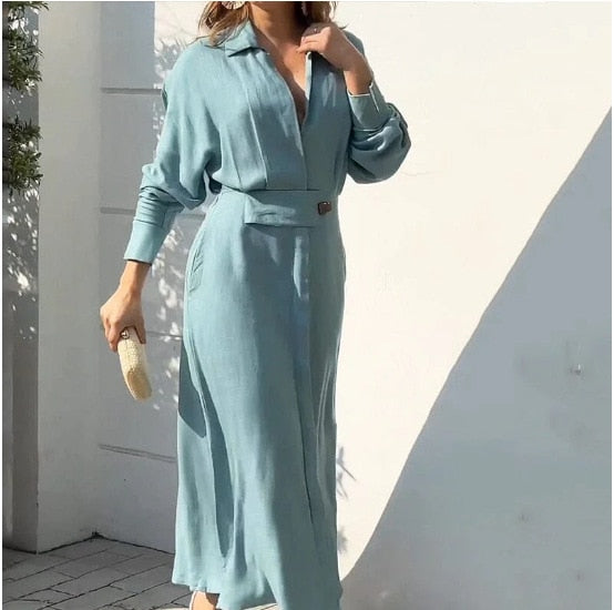 Fashion Dress for Women Luxury Elegant Solid Color Evening Dresses 2023 Party Slip Pockets Chic Promotion Long Sleeve Clothes Sky Blue