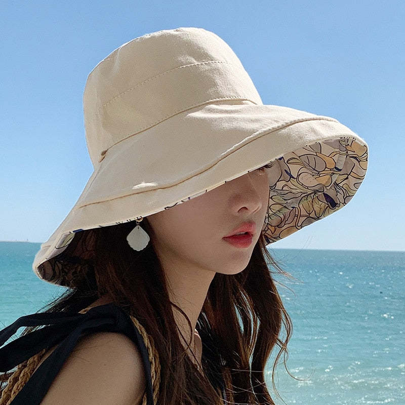 Spring Summer Print Reversible Sun Beach Hat Woman Girl Outdoor Travel Vacation Fisherman Cap Wide Brim 12.5cm Visor Hat