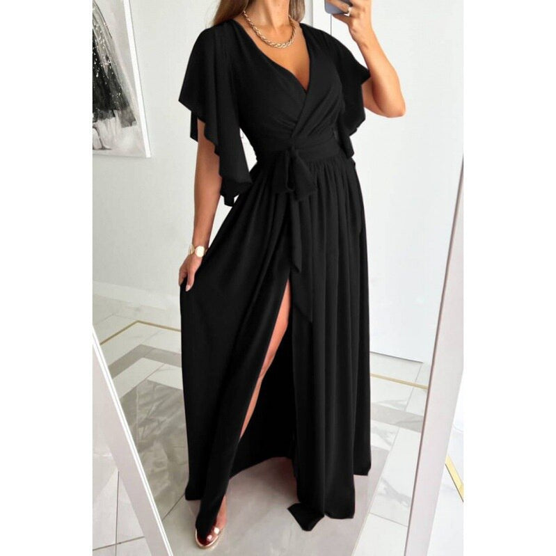 Solid Color High Waist Lace-up Gown Ladies Elegant Commuter Evening Party Split Hem Dressy Women's V Neck Flared Sleeve Dresses Black