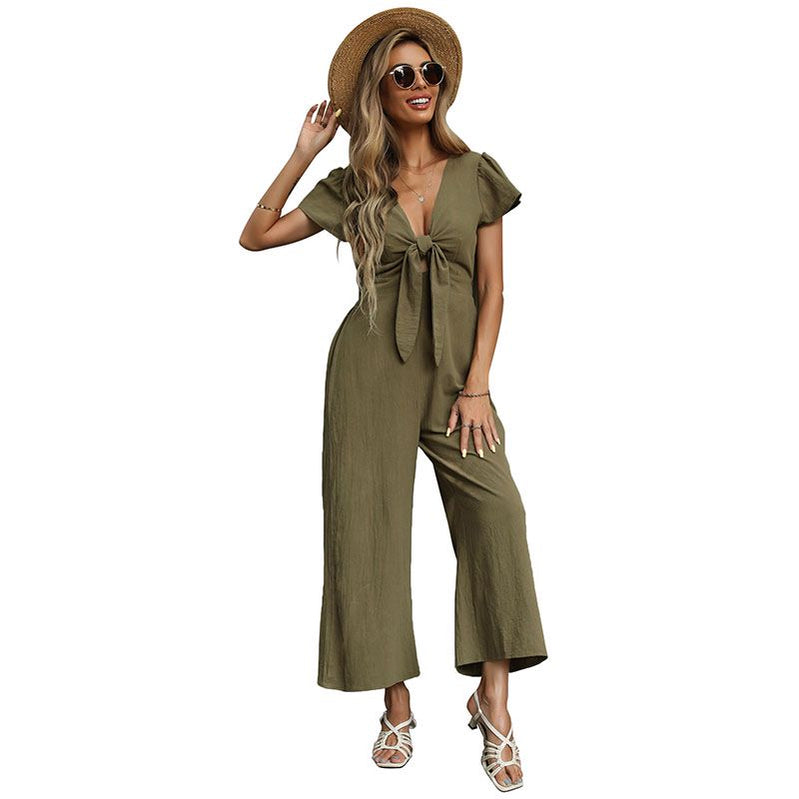 Summer New Sexy Nine Points Cotton Hemp Wide Leg Casual Jumpsuit