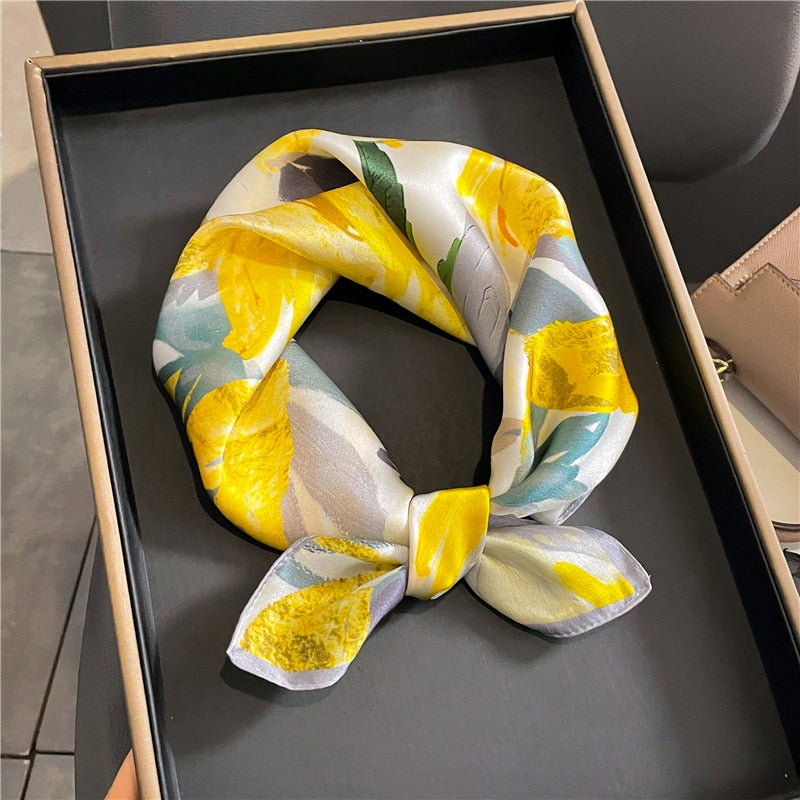 Fashion Designer Print 100% Natural Silk Square Scarves Women Hairband Neck Foulard Female Small Kerchief Bandana New FZ185-1 53cm real silk