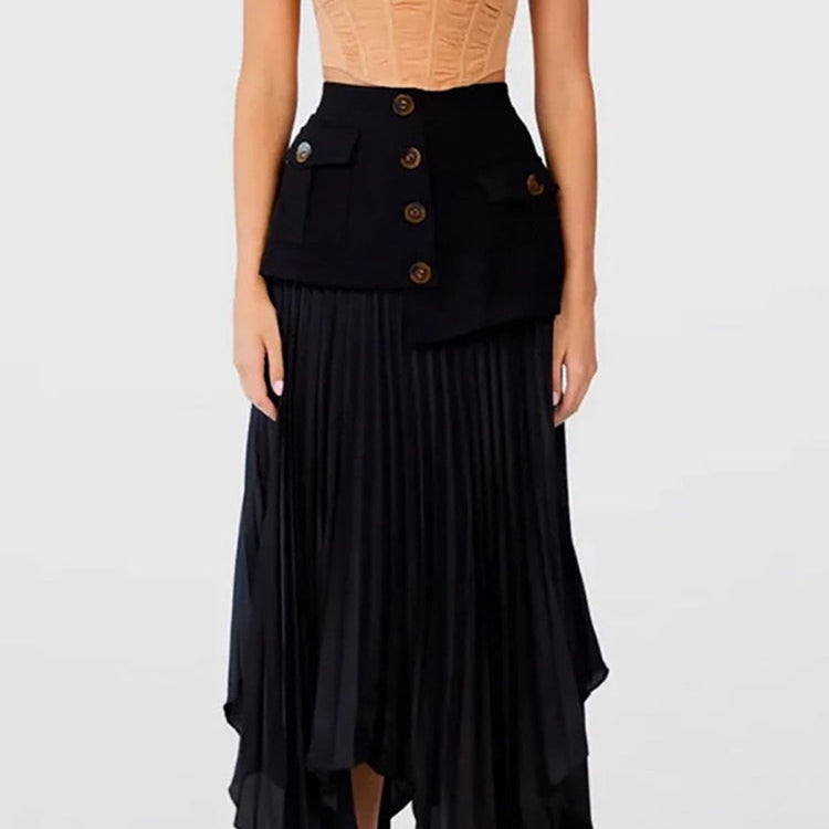 Fashion Women's Skirt High Waist Spliced Single Breasted Pleated Irregular Solid Color Long Skirts Spring 2023 New 17A6142