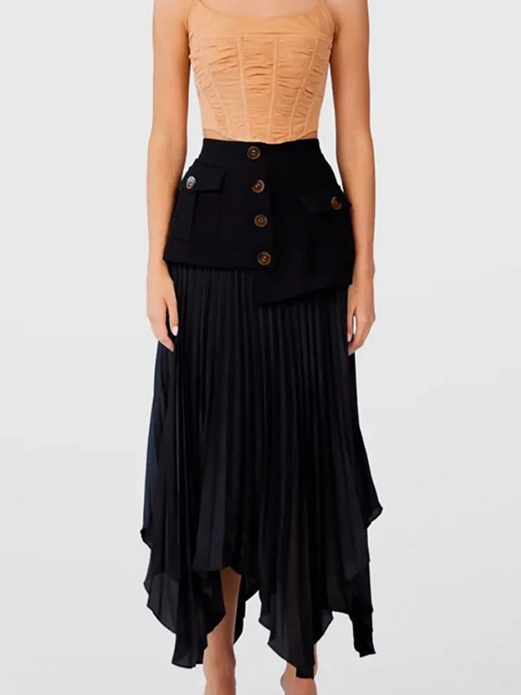 Fashion Women's Skirt High Waist Spliced Single Breasted Pleated Irregular Solid Color Long Skirts Spring 2023 New 17A6142