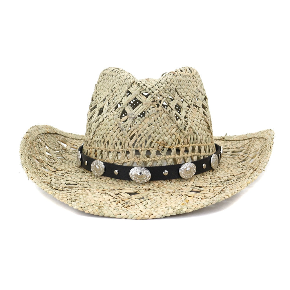 Cowboy hat fashion hollow handmade cowboy straw hat men&#39;s summer outdoor travel beach hat unisex solid color western cowboy hat 12 M55-58cm