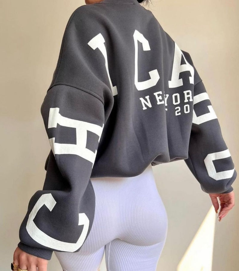 Women Casual Sweatshirts Fashion Letters Print O Neck Long Sleeve Pullovers Tops Vintage Loose Autumn Y2k Hoodies Streetwear